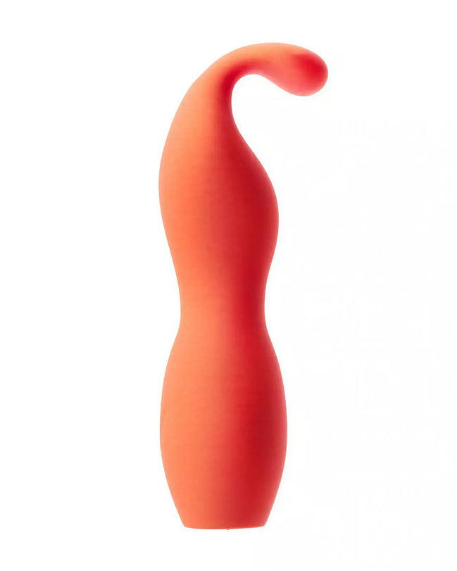 Ceba clitoral vibrator in a vibrant orange color with a curved design, featuring a smooth silicone texture.