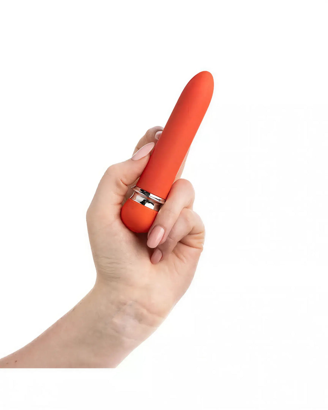 Share Satisfaction Cais Mini Vibe held in a hand, featuring a smooth, orange silicone body and silver accents.