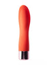Jai clitoral stimulator in bright orange silicone with a shiny silver base, featuring a smooth, curved design.