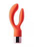 Joy dual stimulator in bright orange silicone with a metallic base, featuring two curved arms for targeted stimulation.