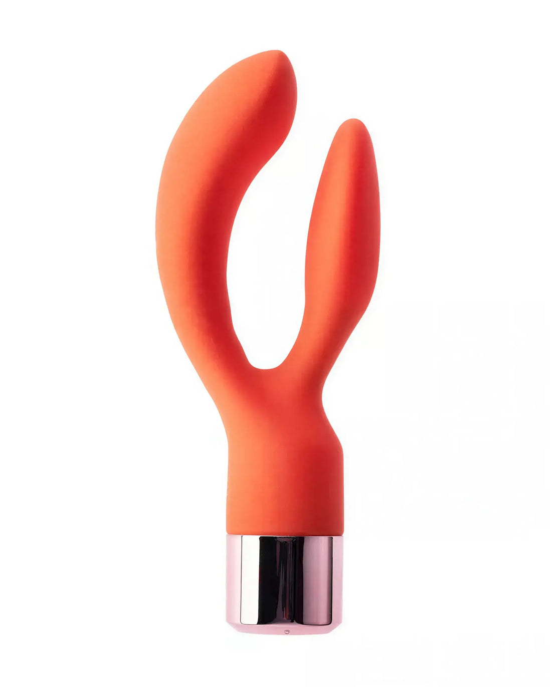 Joy dual stimulator in bright orange silicone with a metallic base, featuring two curved arms for targeted stimulation.