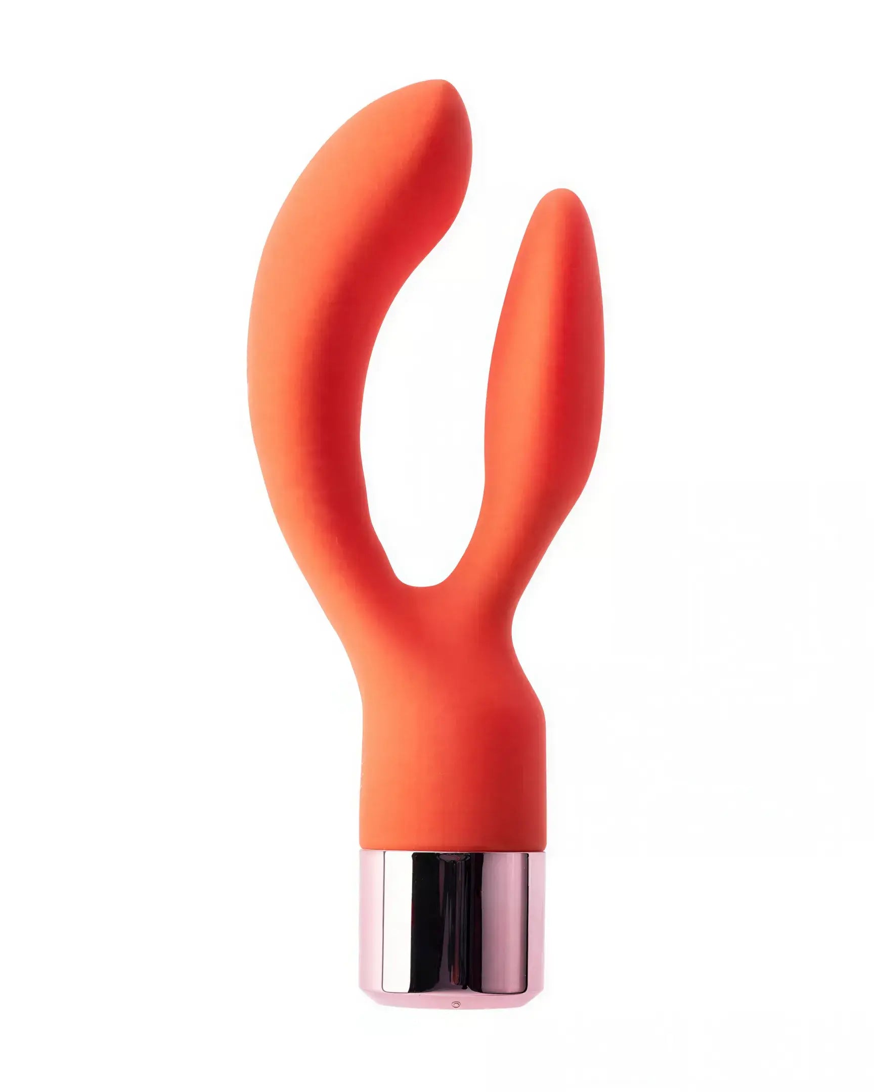 Joy dual stimulator in bright orange silicone with a metallic base, featuring two curved arms for targeted stimulation.