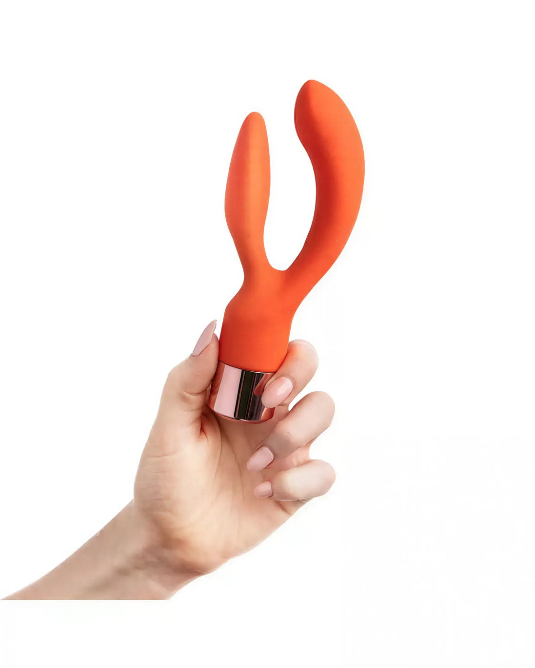 Share Satisfaction Joy dual stimulator in orange silicone held by a hand, featuring a metallic base.