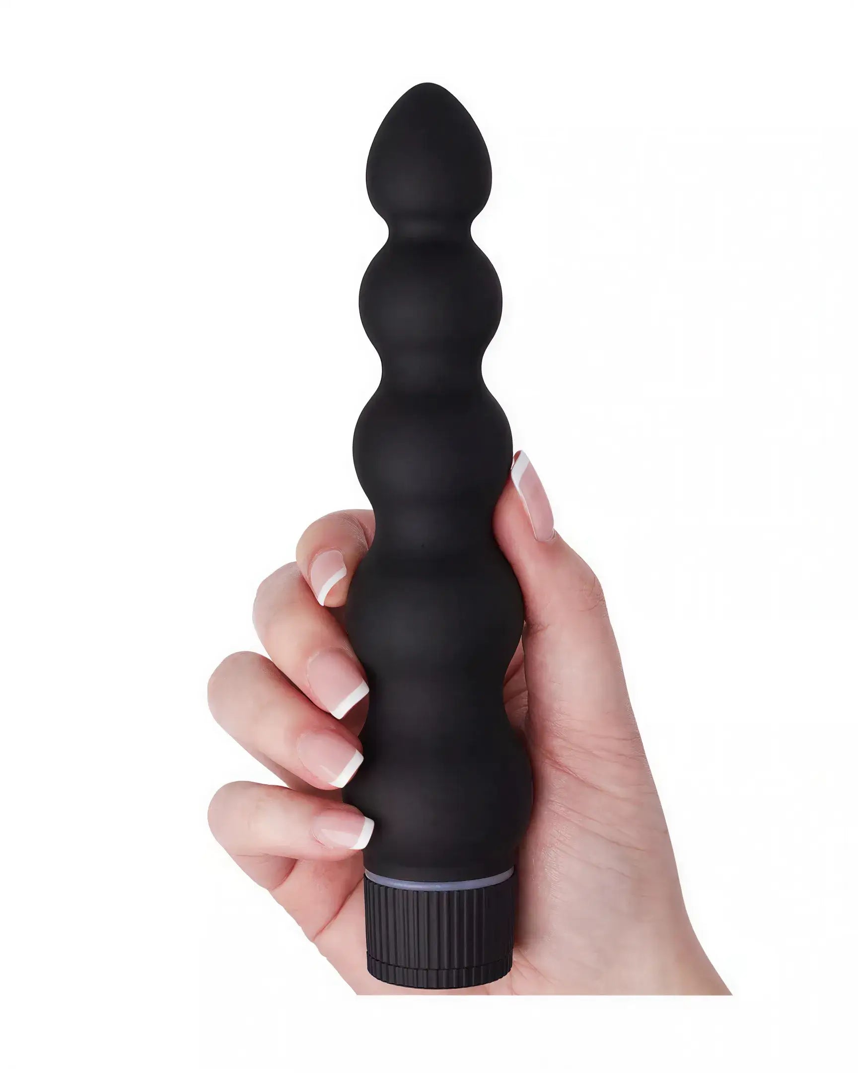 Share Satisfaction vibrating beads in black, held in a hand, featuring a tapered tip and rounded, textured design.