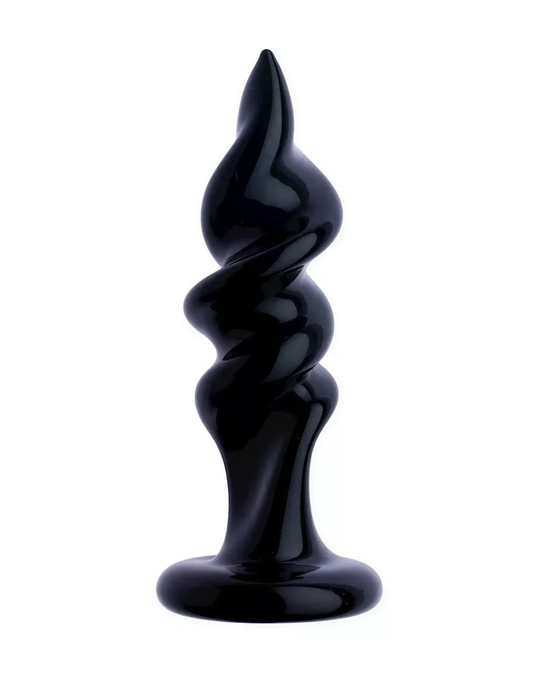 Lucent corkscrew glass butt plug in a sleek, glossy black finish with a spiral design and a flared base.