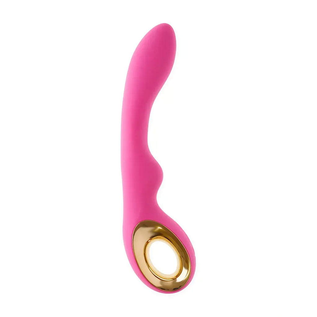 Nala G-spot vibrator in bright pink with a gold base, featuring a curved design for targeted stimulation.
