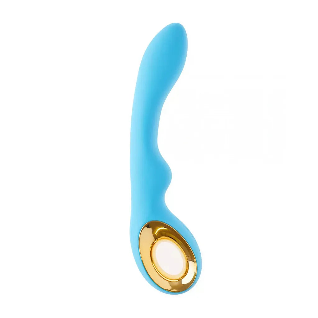Nala G-Spot vibrator in blue silicone with a gold accent, featuring a curved design for targeted stimulation.