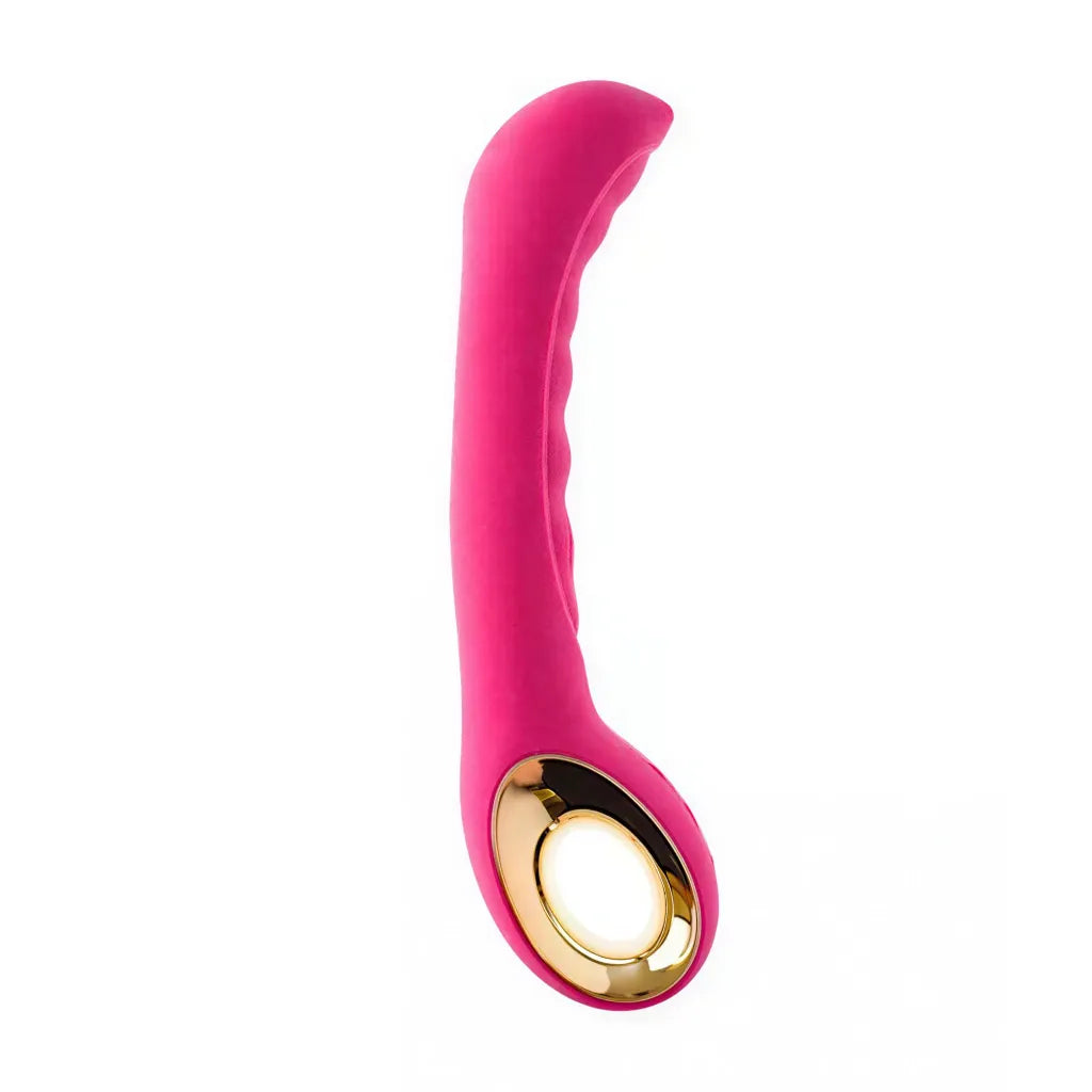 Share Satisfaction Alba G-Spot vibrator in bright pink with a gold accent, featuring a curved design for targeted stimulat...