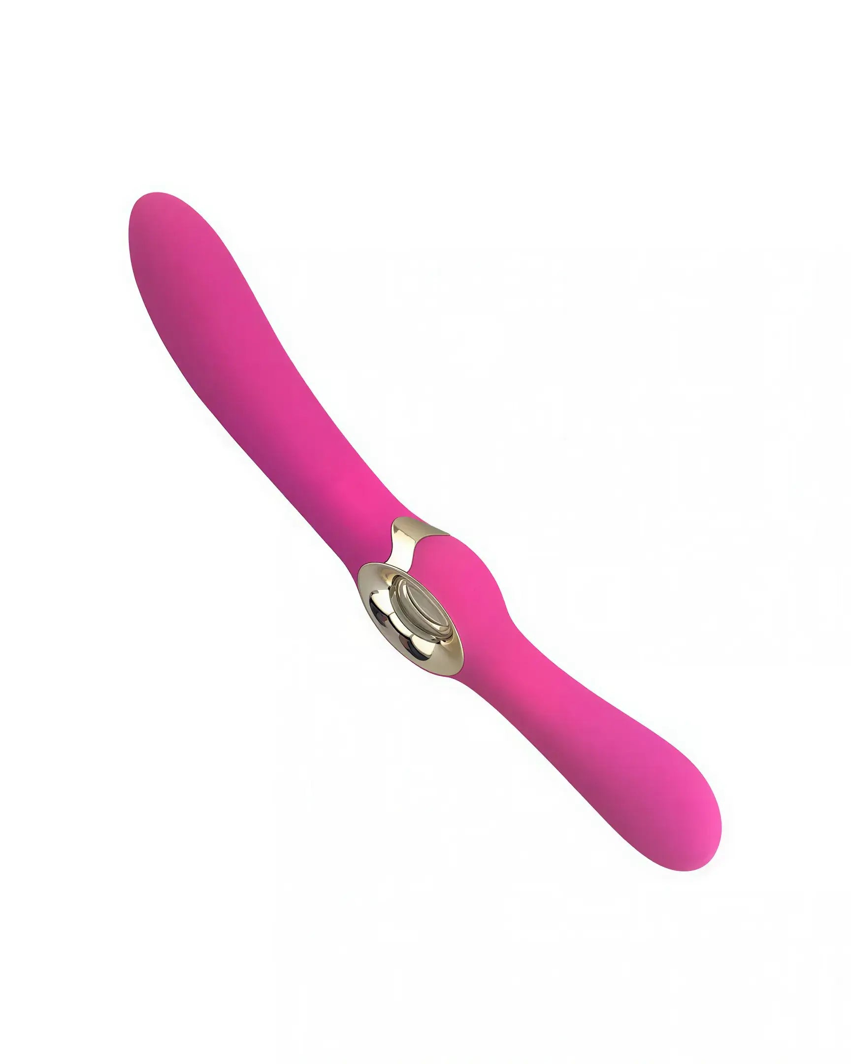 Leta dual ended vibrator in bright pink with a smooth silicone finish and a metallic center detail.