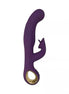 Purple vibrator with a curved design and gold accents, featuring a clitoral stimulator on the side.