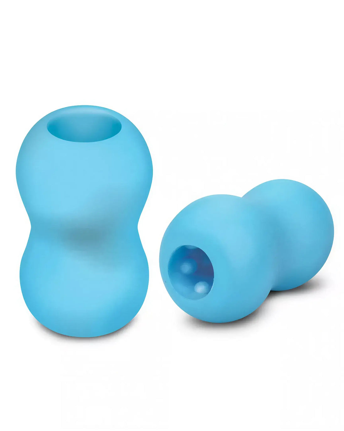 Zolo Mini Stroker in light blue, featuring a textured design with two distinct openings and a smooth surface.