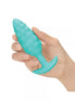 B-Vibe Bump Texture Plug in teal, held in a hand, featuring a textured surface and tapered design.