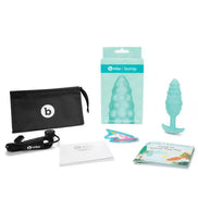 B-Vibe bump texture plug in light blue, with packaging, user guide, and accessories on a white background.