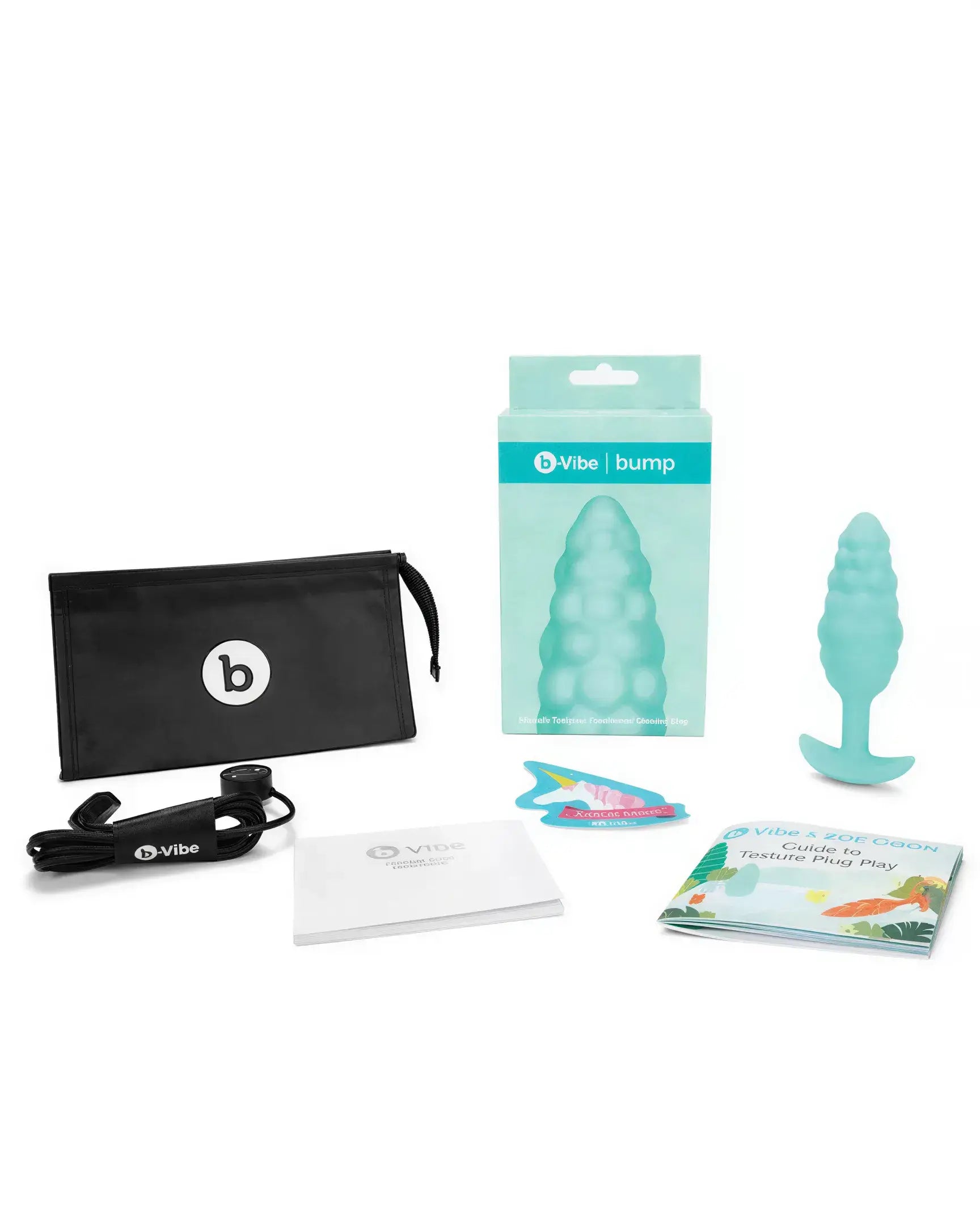 B-Vibe bump texture plug in light blue, with packaging, user guide, and accessories on a white background.