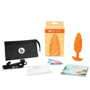 B-Vibe swirl texture plug in orange, with packaging, storage pouch, and instructional materials displayed.