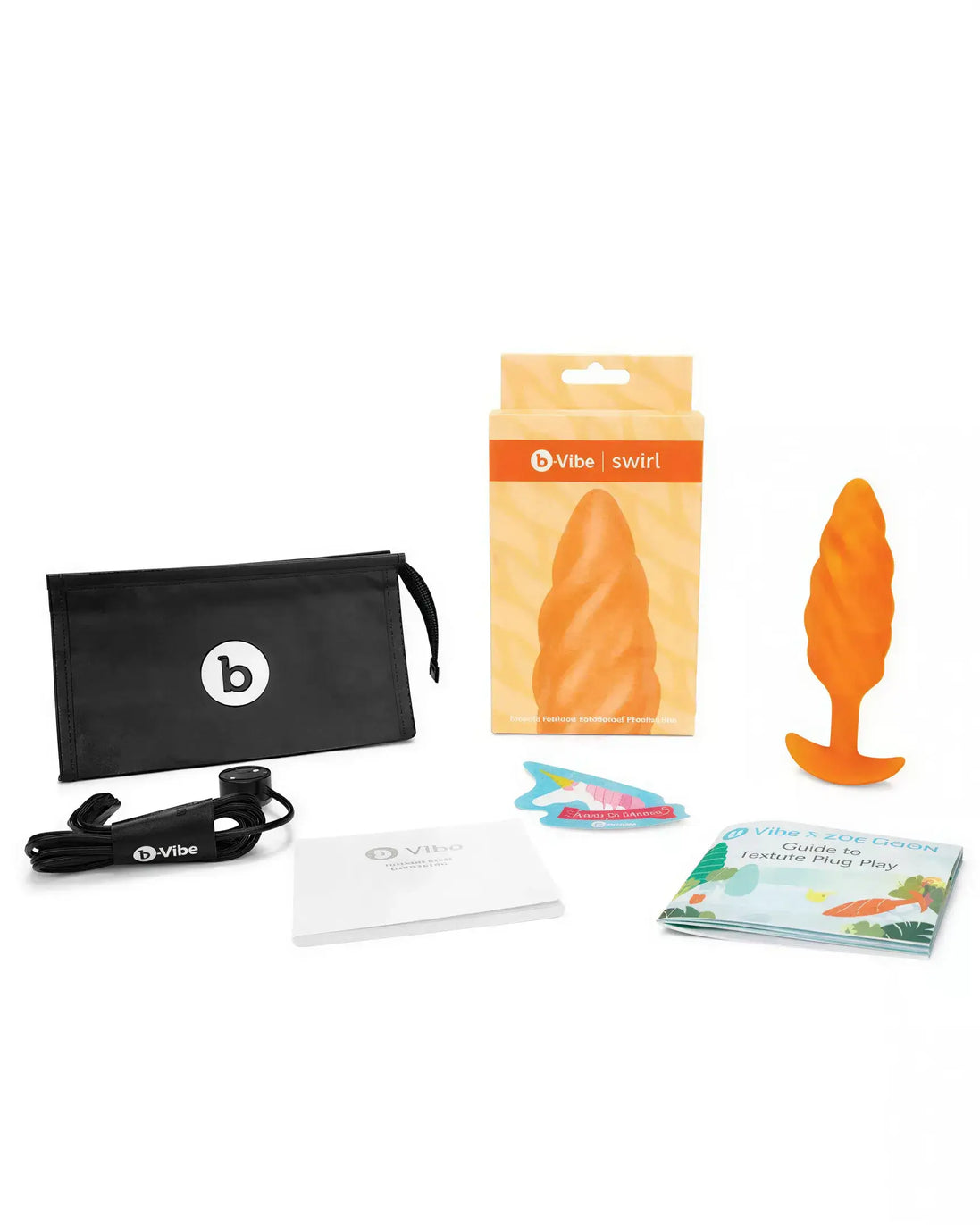 B-Vibe swirl texture plug in orange, with packaging, storage pouch, and instructional materials displayed.