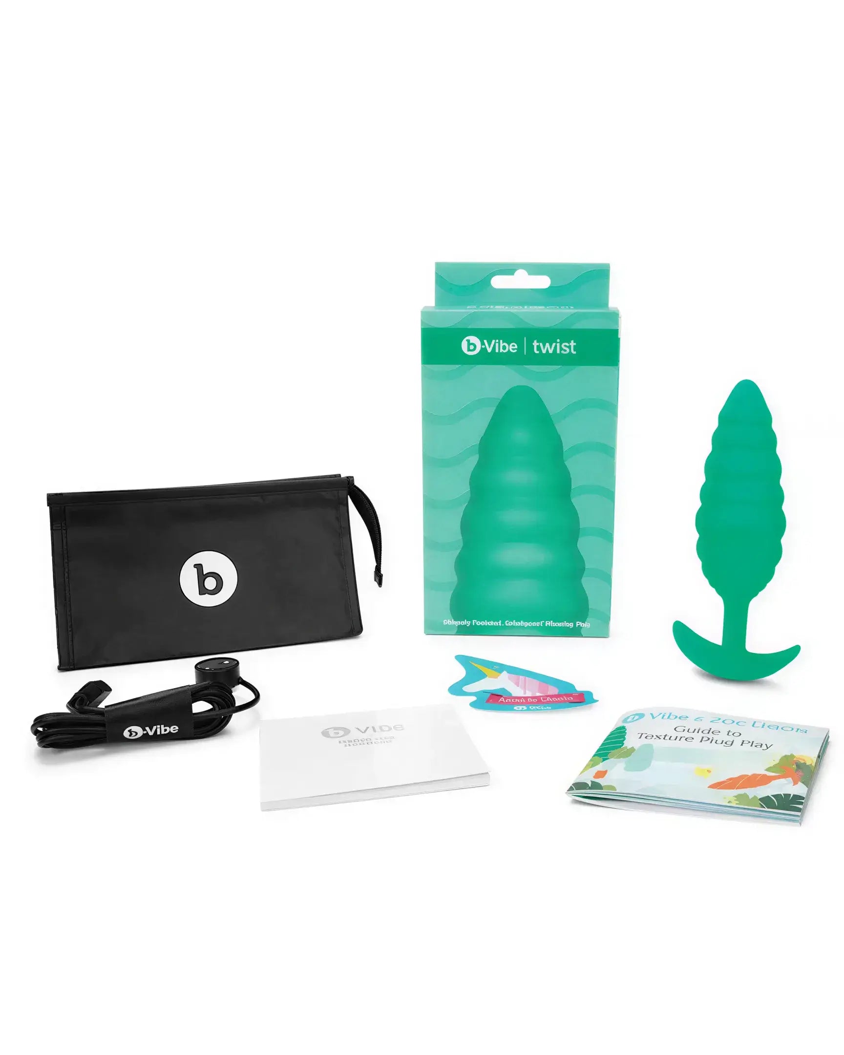 B-Vibe Twist Texture Plug in teal with packaging, storage bag, and instructional materials displayed.