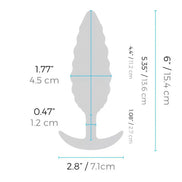 B-Vibe Twist Texture Plug in gray, featuring a textured design with measurements displayed on the side.