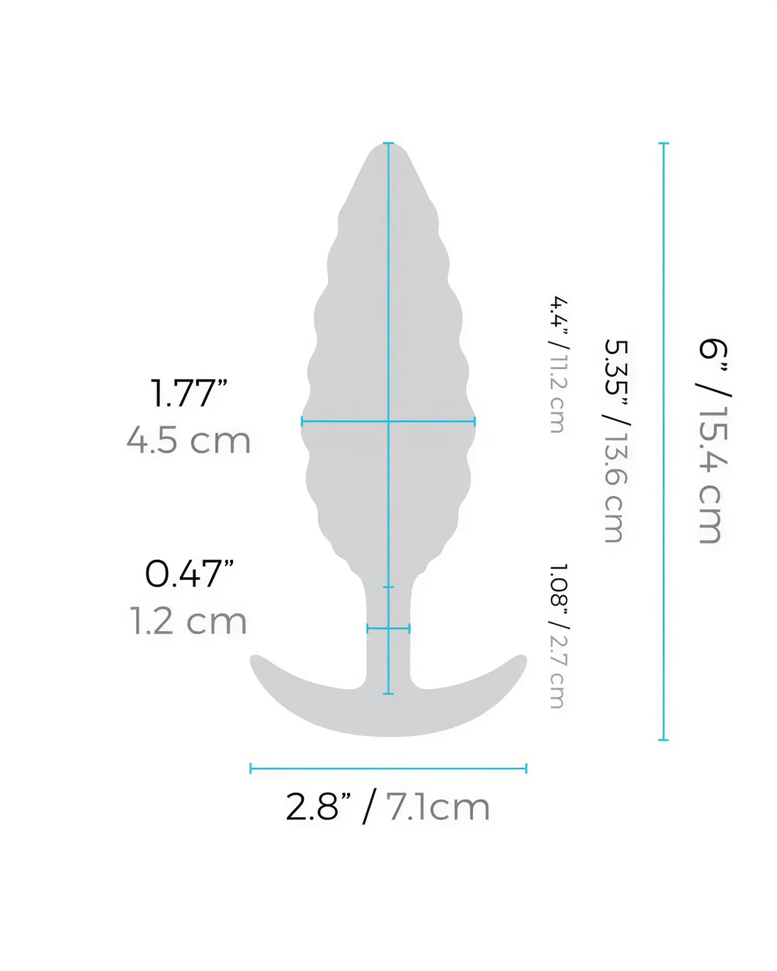 B-Vibe Twist Texture Plug in gray, featuring a textured design with measurements displayed on the side.