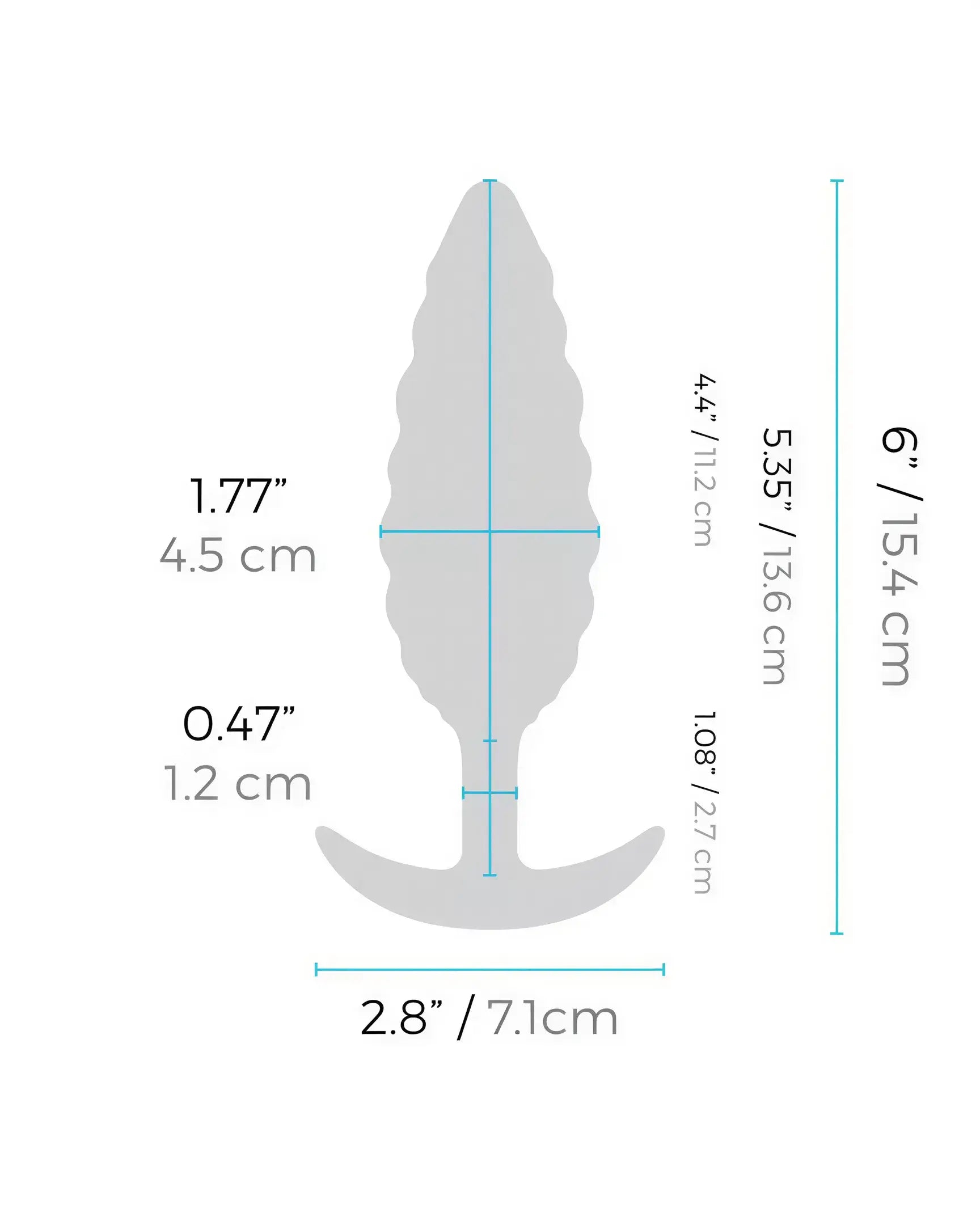 B-Vibe Twist Texture Plug in gray, featuring a textured design with measurements displayed on the side.