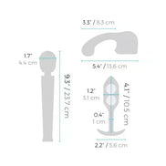 B-Vibe anal massage and education set with various tools, including a probe and instructional guide, shown with dimensions.