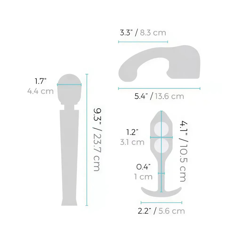 B-Vibe anal massage and education set with various tools, including a probe and instructional guide, shown with dimensions.