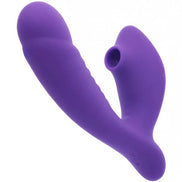 Purple silicone vibrator with a curved design and textured grip, featuring a small opening on one side.
