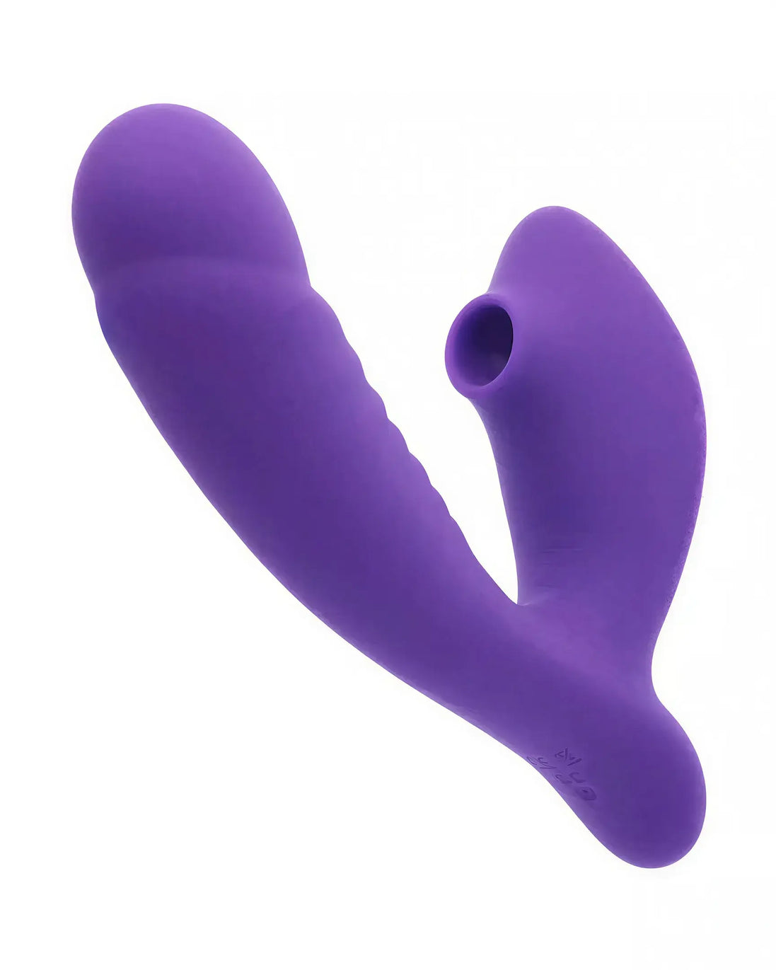 Purple silicone vibrator with a curved design and textured grip, featuring a small opening on one side.