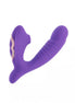 Purple silicone vibrator with a curved design and textured grip, featuring a gold accent on the side.