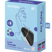Satisfyer Love Triangle packaging featuring a sleek black and gold device on a light blue background.