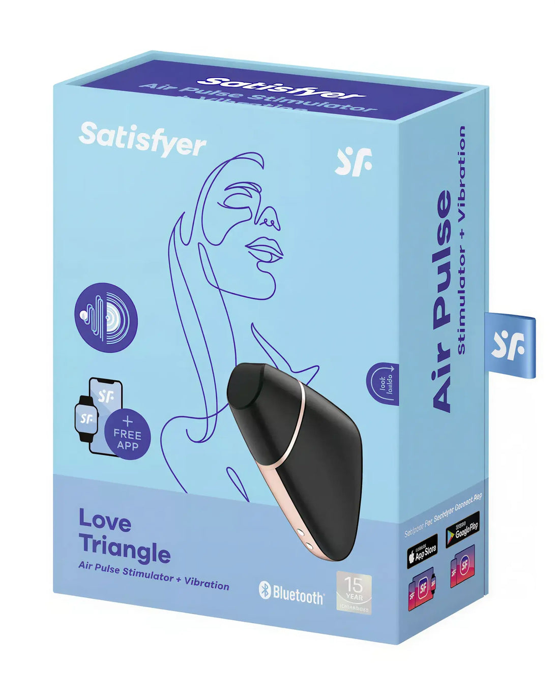 Satisfyer Love Triangle packaging featuring a sleek black and gold device on a light blue background.