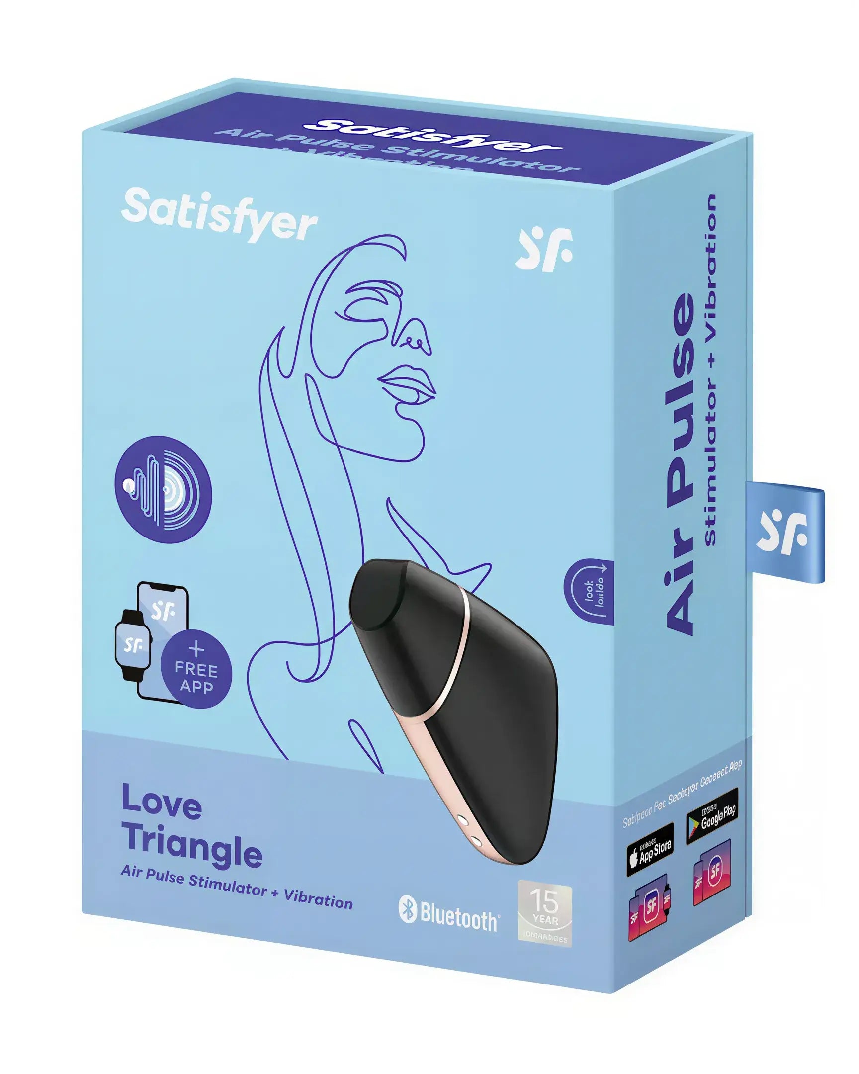 Satisfyer Love Triangle packaging featuring a sleek black and gold device on a light blue background.
