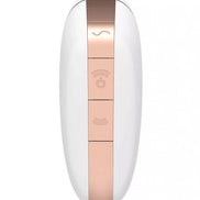 Satisfyer Love Triangle in white and rose gold, featuring control buttons on the side for various settings.