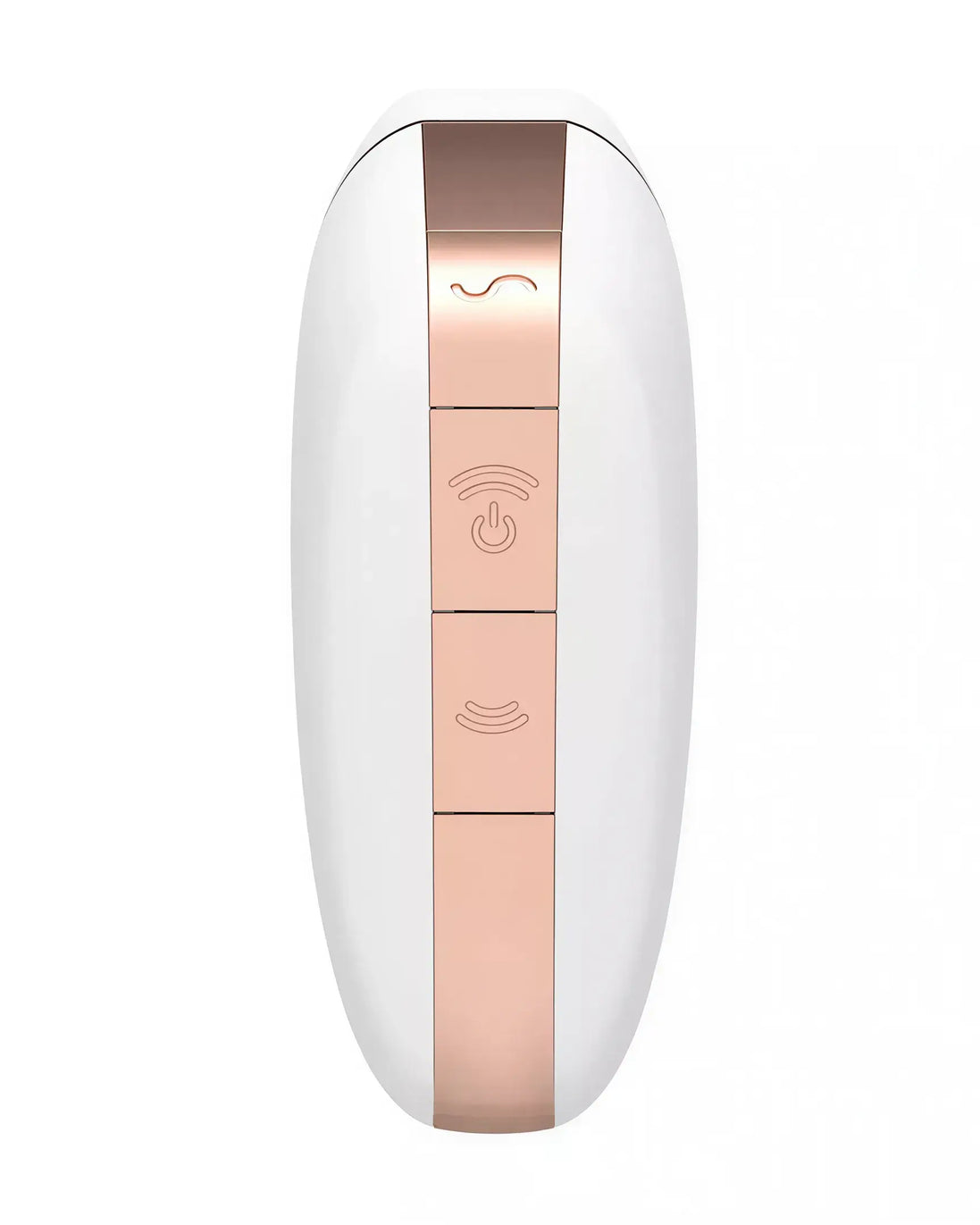 Satisfyer Love Triangle in white and rose gold, featuring control buttons on the side for various settings.