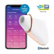 Satisfyer Love Triangle device in white with rose gold accents next to a smartphone displaying the Satisfyer app.