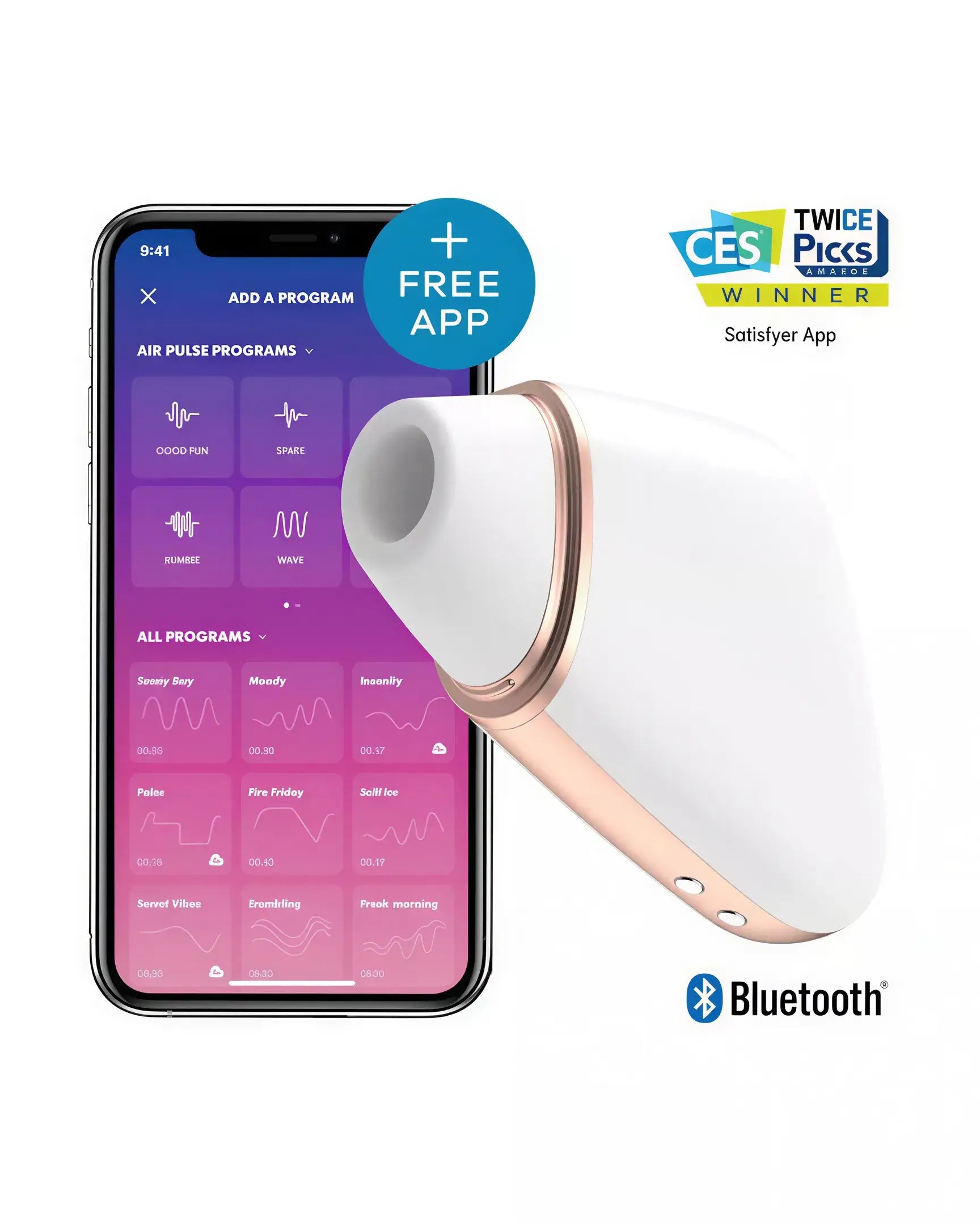 Satisfyer Love Triangle device in white with rose gold accents next to a smartphone displaying the Satisfyer app.