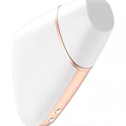 Satisfyer Love Triangle in white and rose gold, featuring a sleek, ergonomic design with control buttons.