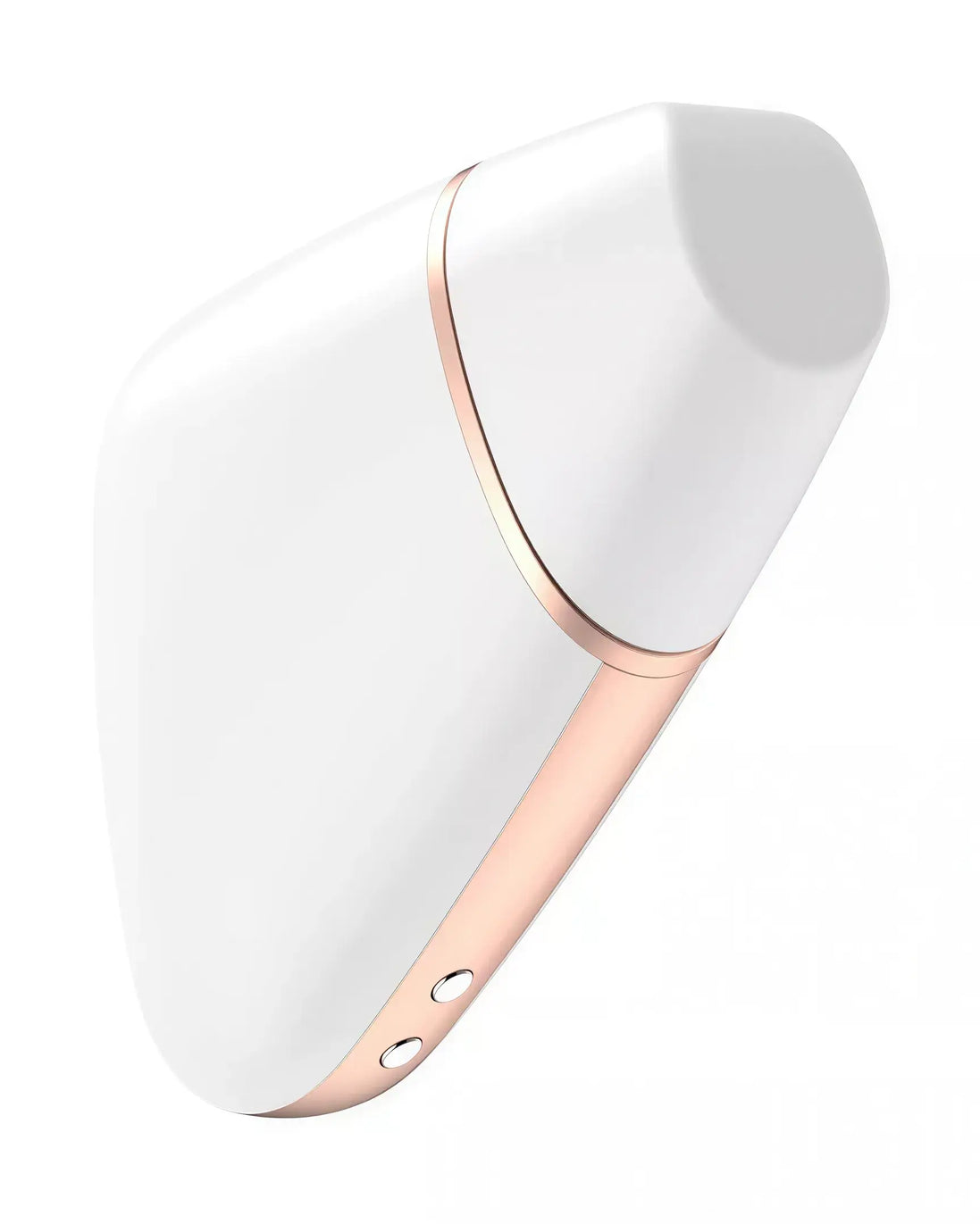 Satisfyer Love Triangle in white and rose gold, featuring a sleek, ergonomic design with control buttons.