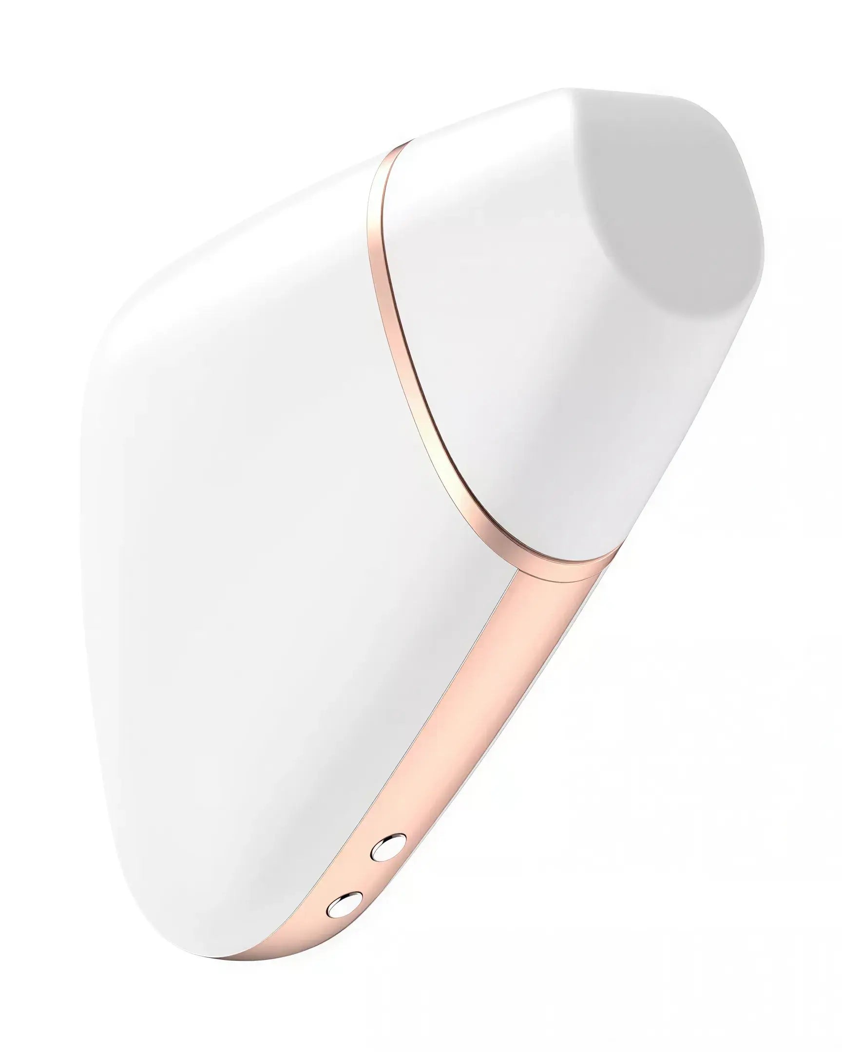 Satisfyer Love Triangle in white and rose gold, featuring a sleek, ergonomic design with control buttons.