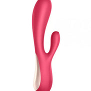 Satisfyer Mono Flex Rabbit Vibrator in bright pink with a curved design and dual stimulation features.