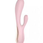 Satisfyer Mono Flex rabbit vibrator in soft pink with a curved design and dual stimulation features.