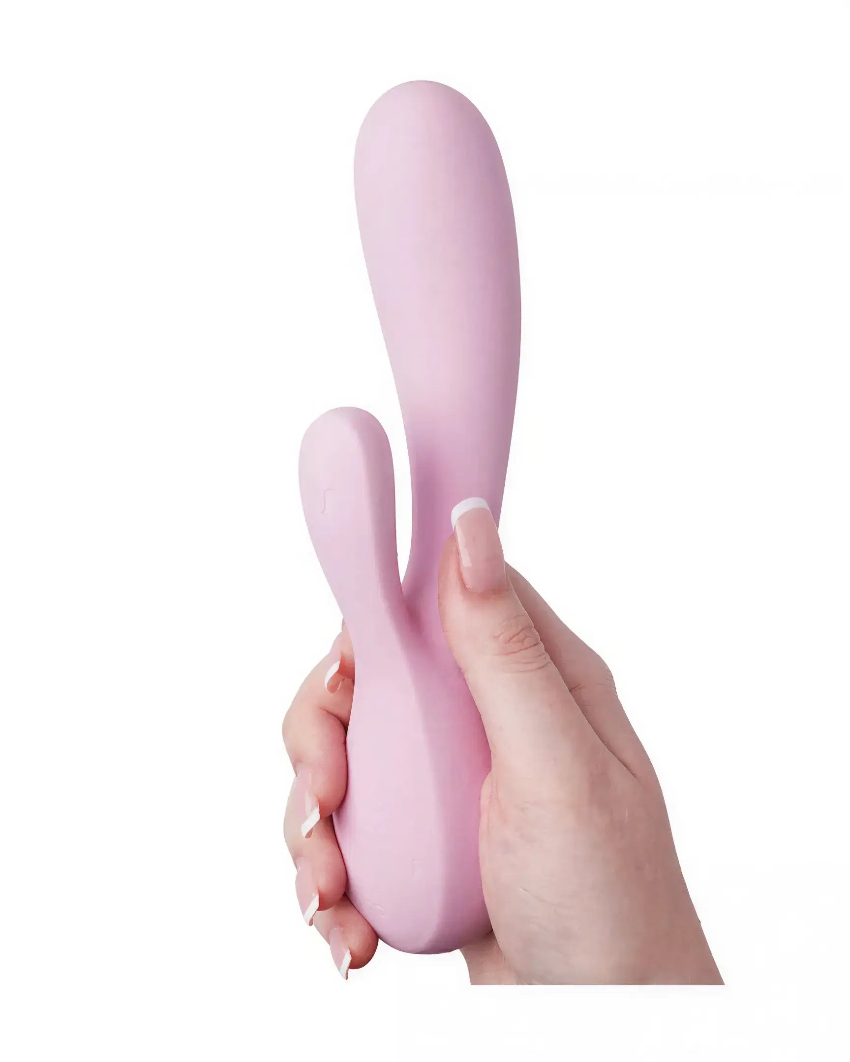Satisfyer Mono Flex rabbit vibrator in soft pink, held in a hand, showcasing its ergonomic design and flexible shape.