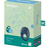 Satisfyer Strong One cock ring in a blue color, displayed in a green box with line art and app connectivity details.