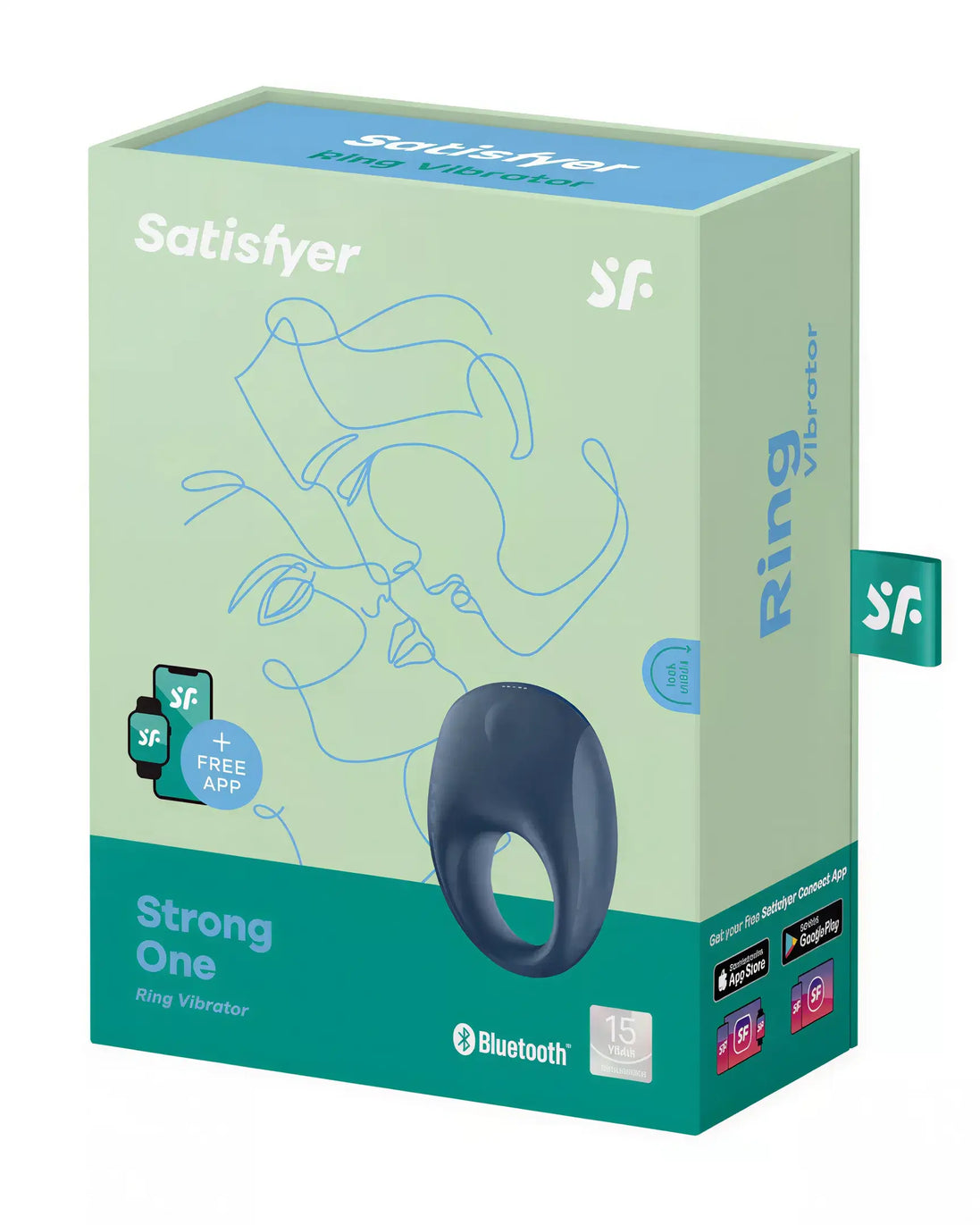 Satisfyer Strong One cock ring in a blue color, displayed in a green box with line art and app connectivity details.