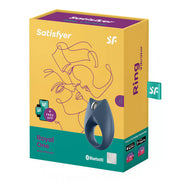 Satisfyer Royal One packaging featuring a colorful design with a ring vibrator and Bluetooth connectivity details.