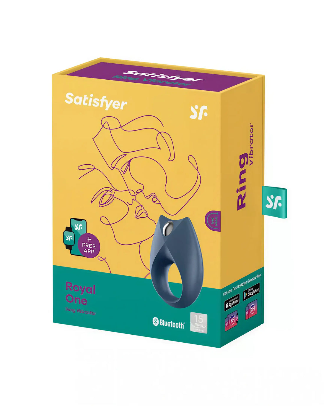 Satisfyer Royal One packaging featuring a colorful design with a ring vibrator and Bluetooth connectivity details.