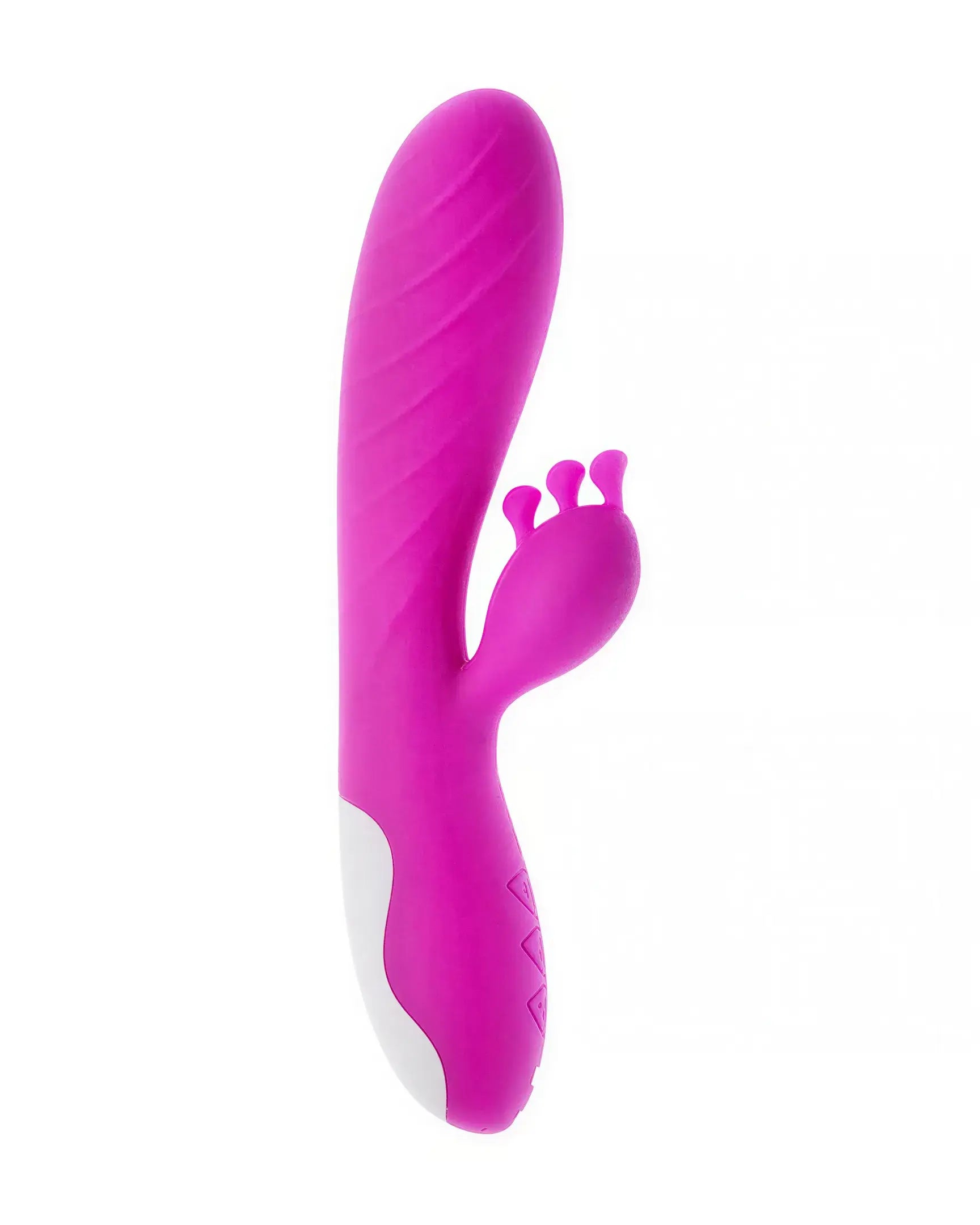 Share Satisfaction Marley is a bright pink vibrator with a curved shaft and three stimulating nubs on the side.