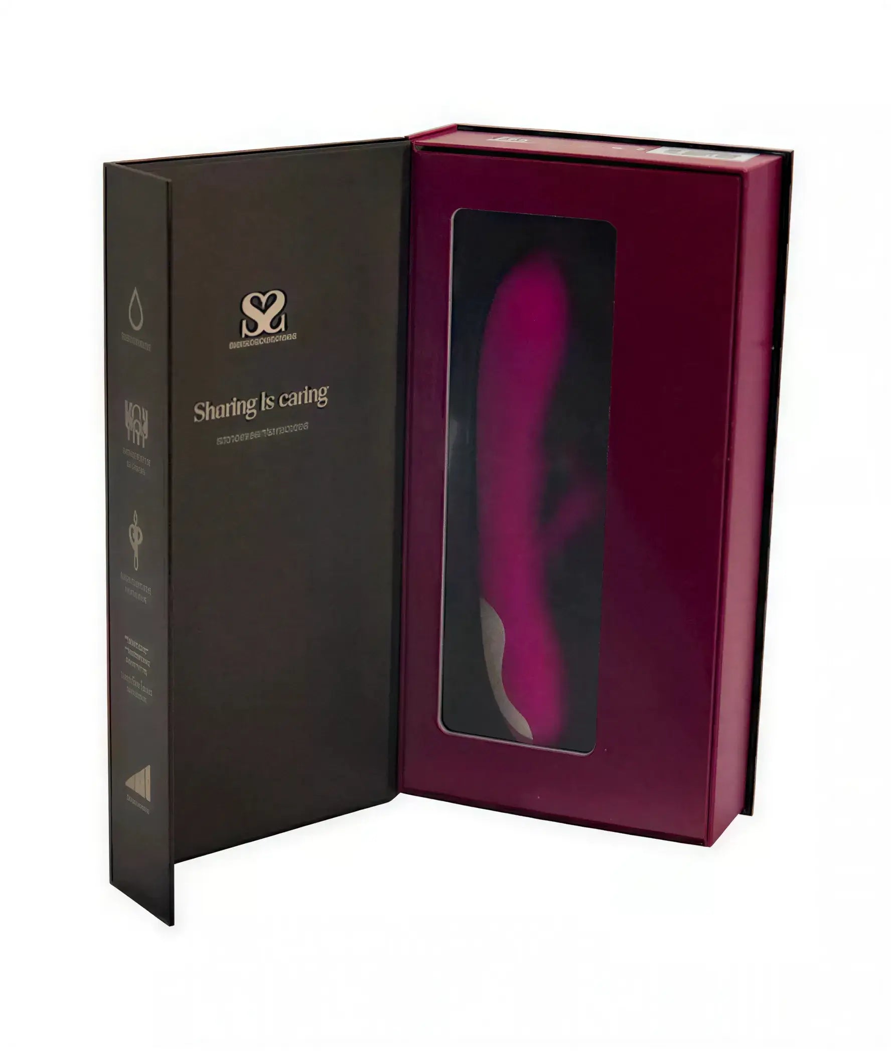 Share Satisfaction Marley in a black and burgundy box, showcasing a pink vibrator through a clear window.