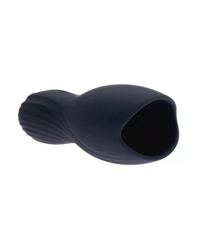 Share Satisfaction Jina Head Exciter in dark blue silicone with a textured exterior and open end for stimulation.