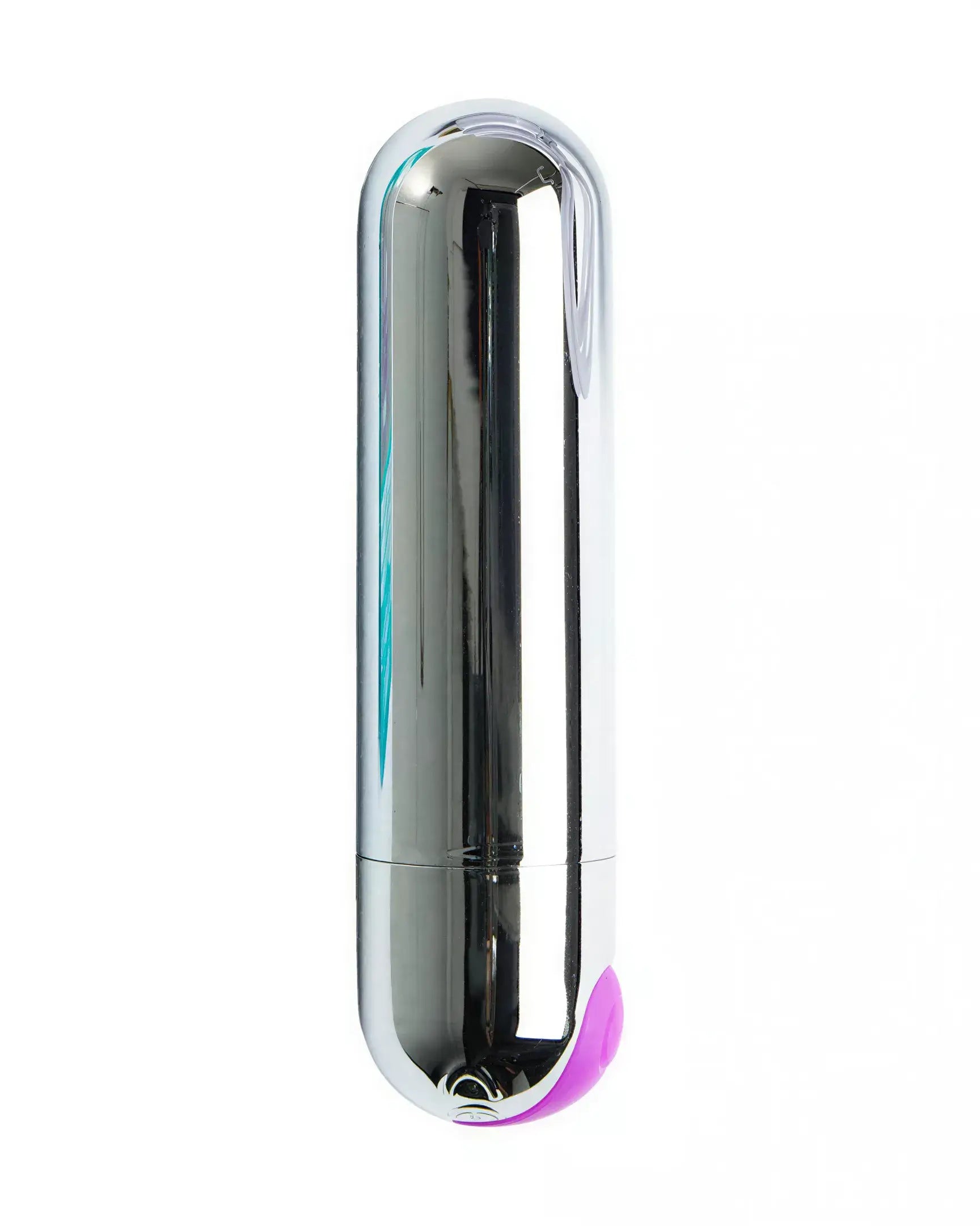 Rechargeable waterproof bullet in a sleek chrome finish with a purple button at the base.